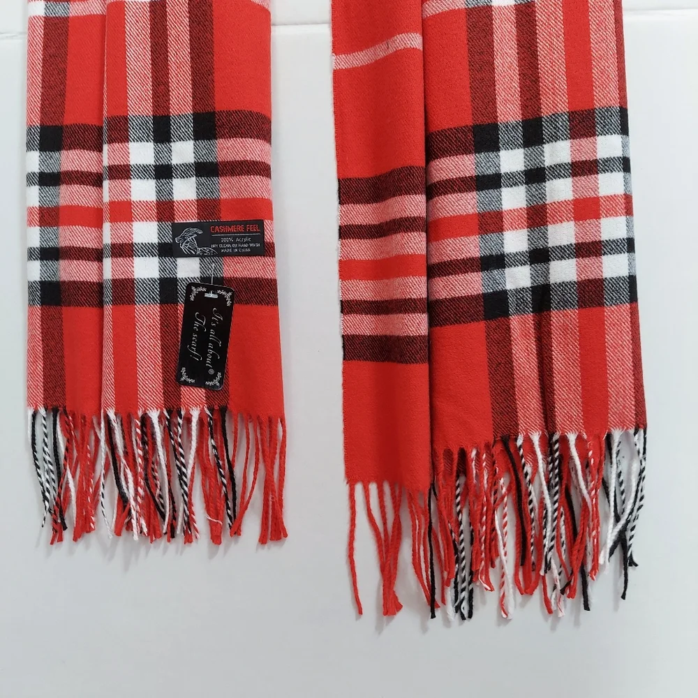 Cashmere Feel Red Plaid Scarf 100% Acrylic Soft Fringe Tartan Wrap Blanket NWT